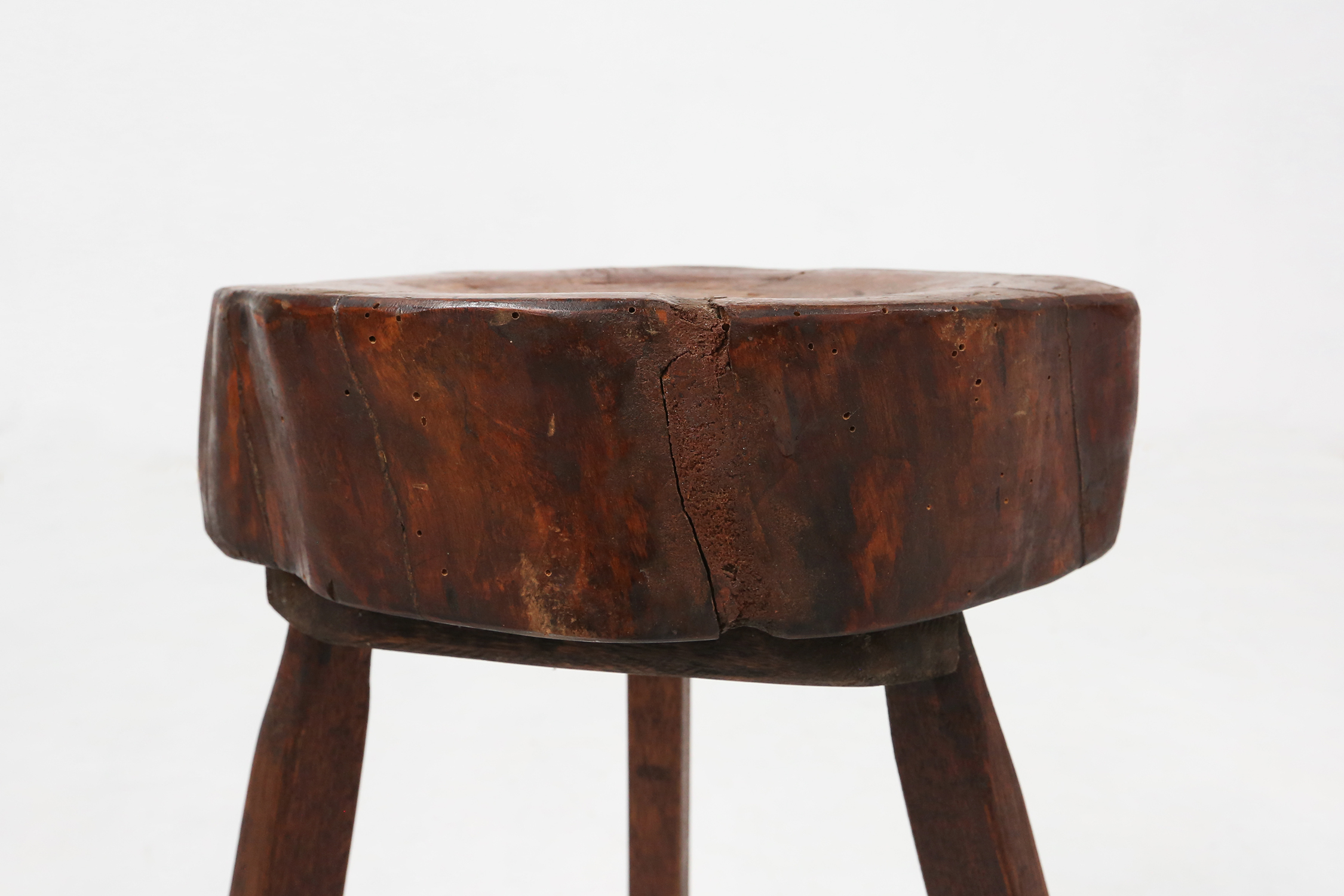 Rustic wooden tripod stool with tree trunk seat, France ca. 1900thumbnail